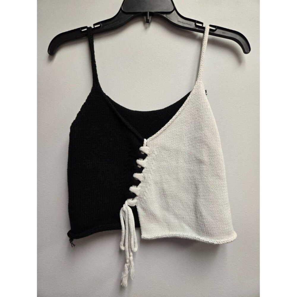 Lush Women’s Cropped Crochet Tank Top Black White S Boho Knit Cami V-Neck